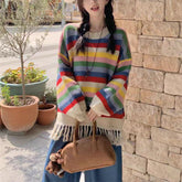 Rainbow Striped Tassel Hollow Out Sweater